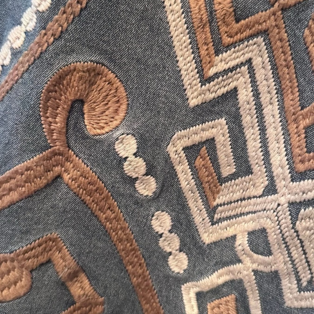 Savanna Jane Blue Embroidered Geo Mini Skirt with Tan & White Accents - Picture 3 of 4